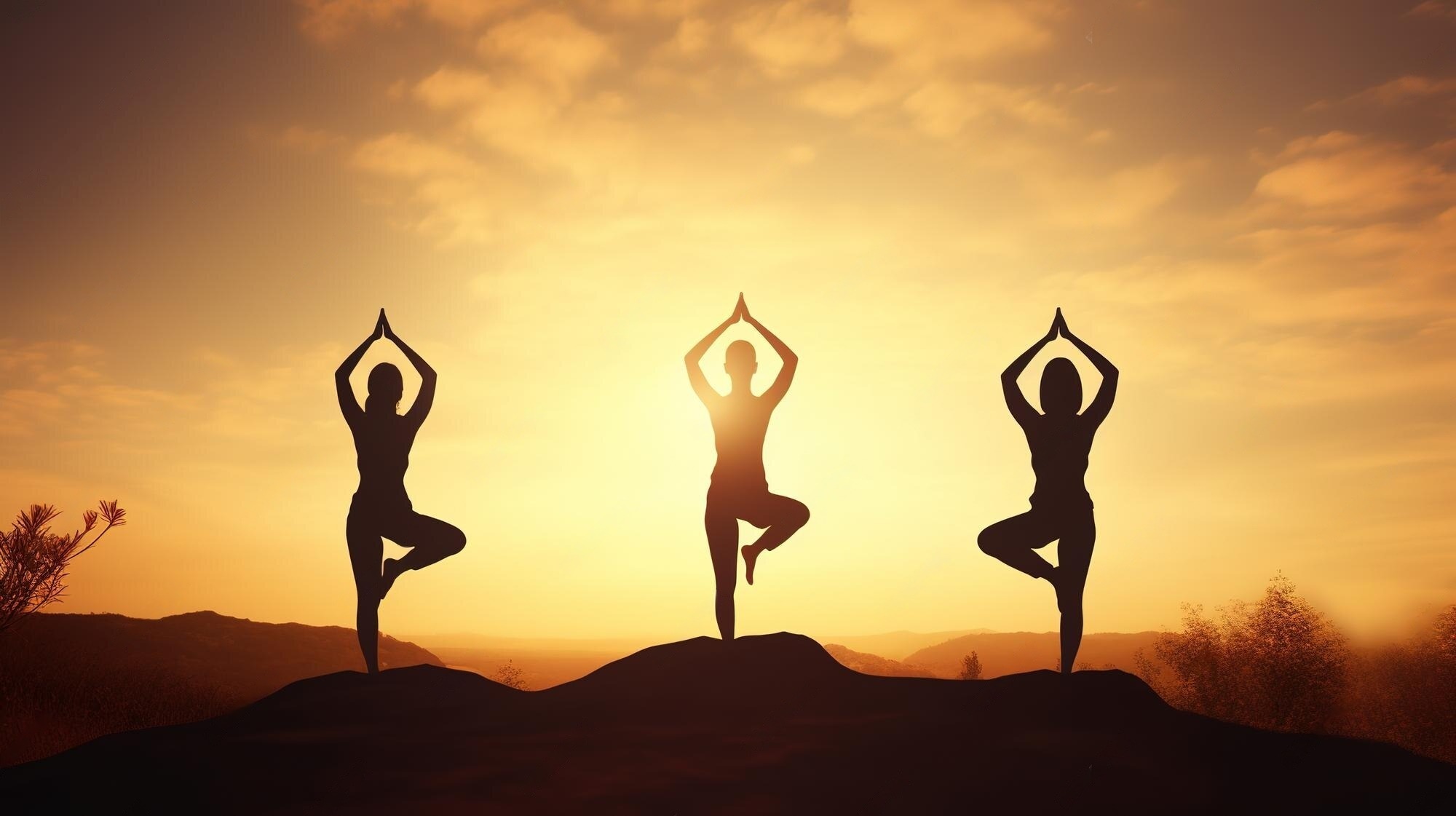 Woman practicing yoga at sunrise, symbolizing peace and balance